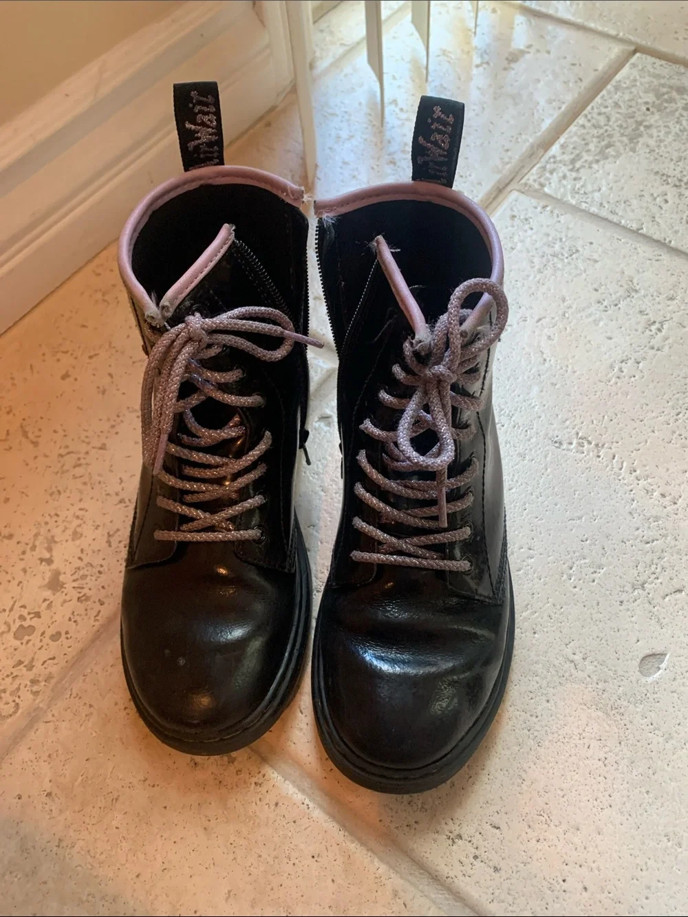 Dr. Martens Black Kids Lace-Up Boots with purple Trim and Heart